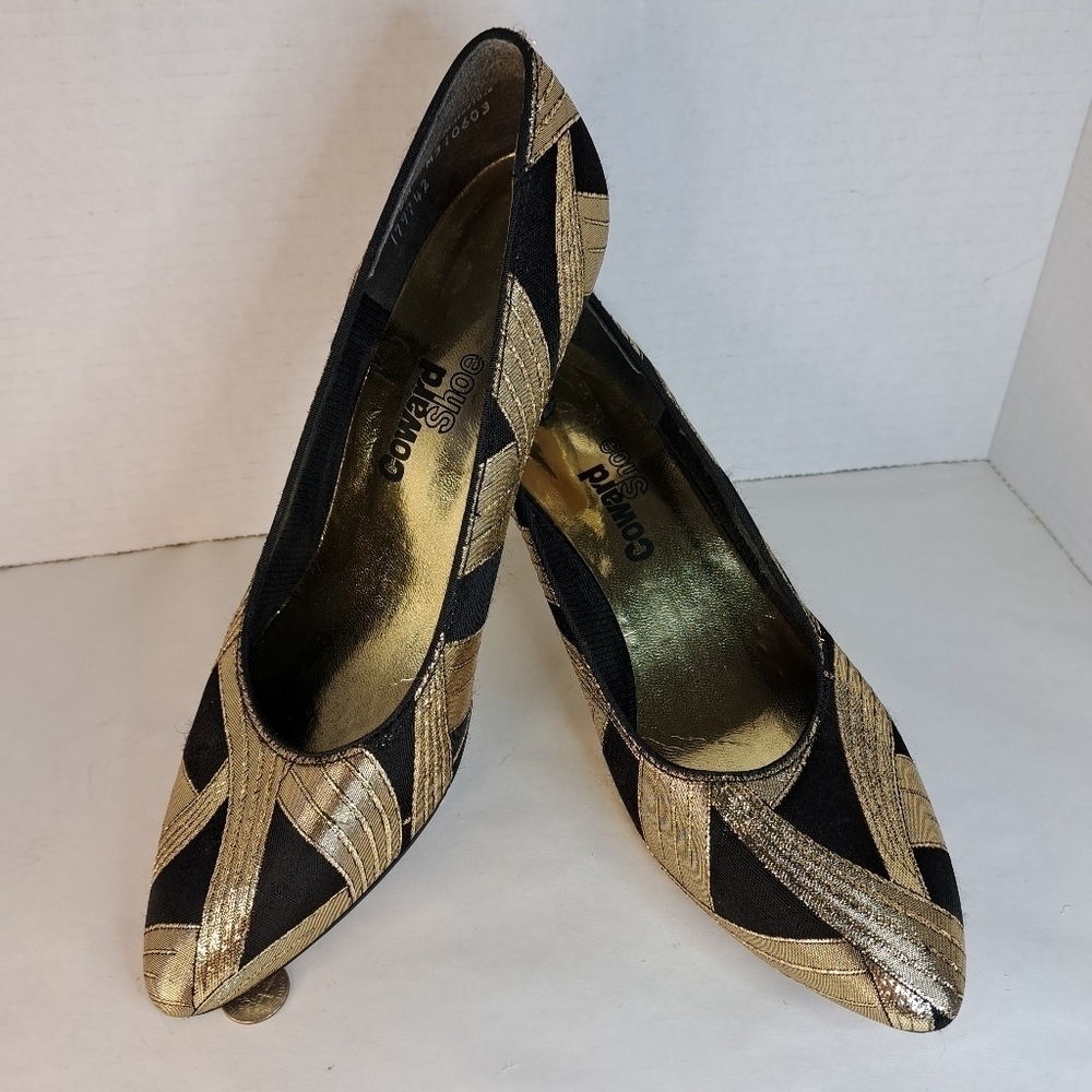 Vintage~Coward Metallic Gold & Black Deco~Geometric Heels~ 9